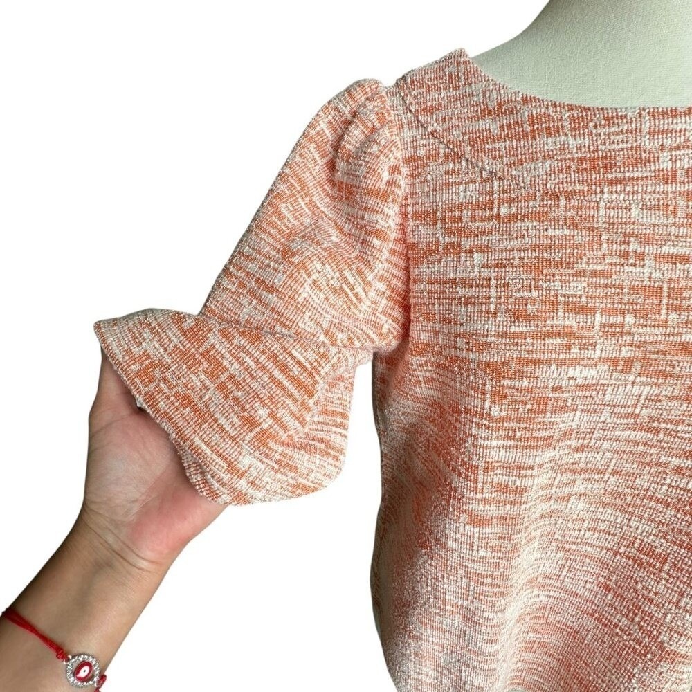 Melloday Knit Top M Orange White Puff Sleeve Tweed Cottagecore Boat Neck Classic - Picture 6 of 14